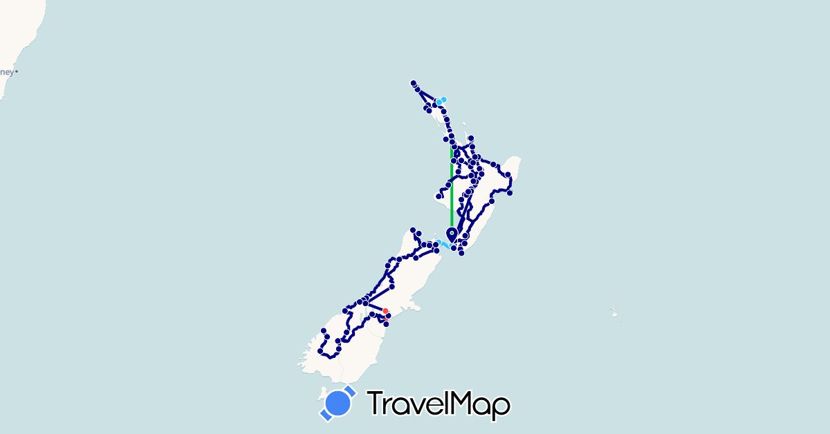 TravelMap itinerary: driving, bus, hiking, boat in New Zealand (Oceania)